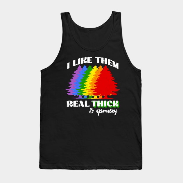 Gay Christmas Tree Rainbow LGBTQ Thick and Sprucey Tank Top by Cosmic Dust Art